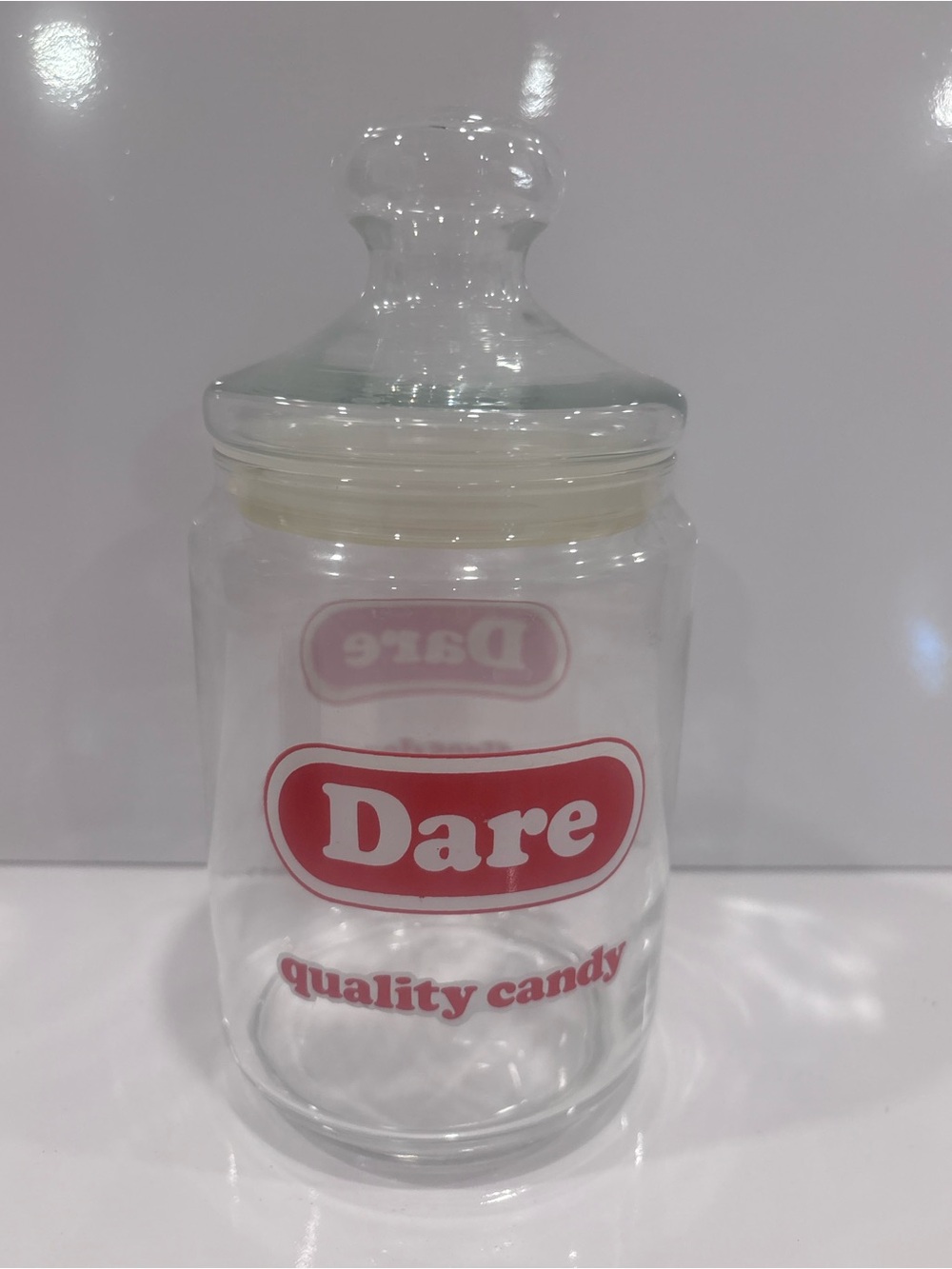 Dare Vintage Glass Candy Jar - Clear with Red Logo